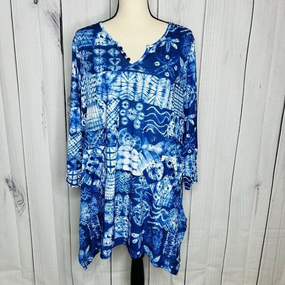 Tango Mango Tops - Tango Mango Blue Patterned 3/4 Sleeve V-Neck Tunic Blouse Women's Sz L India